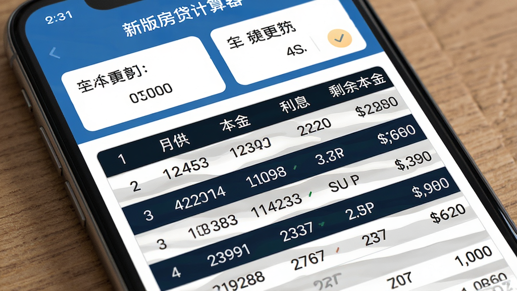 一部手机屏幕显示新版房贷计算器应用的还款明细表页面,表格逐行列出期数、月供、本金、利息和剩余本金,数字清晰可读,表格采用斑马纹配色,顶部有汇总数据卡片,界面风格干净商务,画质高清,干净,无多余元素