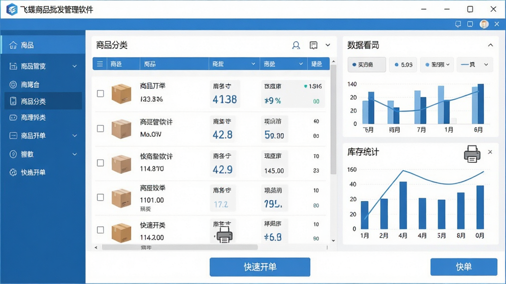 飞蝶商品批发管理软件主界面概览,画面中央展示软件操作界面,左侧为商品分类导航栏,右侧为数据看板与库存统计图表,底部为快速开单按钮,整体布局清晰,采用蓝色与白色商务风格,细节包含商品列表、数字报表、打印机图标,画质清晰,干净无多余元素。