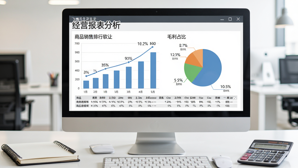 飞蝶商品批发管理软件经营报表分析界面,屏幕显示柱状图与饼状图,分别展示商品销售排行和毛利占比,背景为办公室桌面,有笔记本和计算器,风格简约商务,细节包含数据表格、百分比数值、趋势曲线,画质清晰,干净无多余元素。