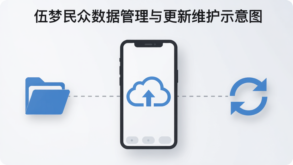 伍梦民众数据管理与更新维护示意图,画面主体为手机与云端同步图标组合,左侧为本地文件夹图标,右侧为刷新箭头图标,中部用虚线连接,布局为横向排列,风格为简约商务风,细节包含柔和阴影与浅灰底色,画质清晰,画面干净,无多余元素