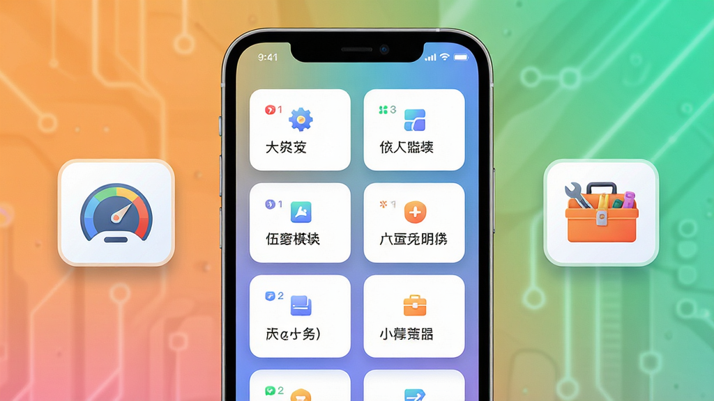 伍梦民众功能模块展示图,画面中央为手机屏幕特写,屏幕内呈现多个功能卡片整齐排列,左侧放置轻量运行相关的速度仪表图标,右侧放置综合服务相关的工具箱图标,布局为左右对称式,风格为清爽科技感,细节包含渐变背景、圆角卡片、细小阴影,画质清晰,画面干净,无多余元素