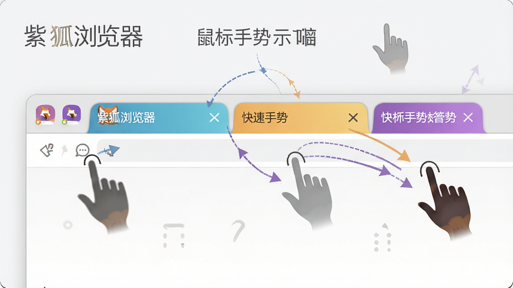 紫狐浏览器多标签与鼠标手势操作示意图,主体为浏览器顶部多个标签页与鼠标轨迹线条,布局为横向展开,标签页颜色各异;排版清晰直观,风格为简约办公风;细节包括手势箭头、标签缩略图、快捷操作提示;画质高清,干净无多余元素,画面中文字标注“紫狐浏览器”