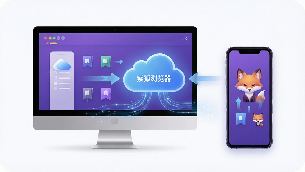 紫狐浏览器跨设备书签同步功能概念图,主体为电脑与手机屏幕通过云朵图标连接,布局为左右对称;排版现代简洁,风格为云端科技风;细节包括同步箭头、书签图标、数据流光线;画质高清,干净无多余元素,画面中文字标注“紫狐浏览器”