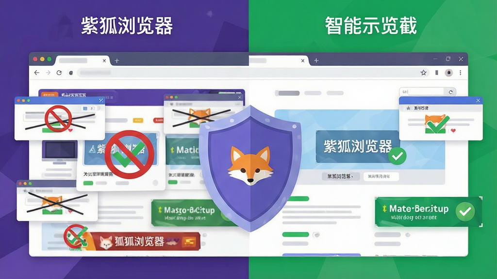 紫狐浏览器智能广告拦截功能示意图,主体为浏览器页面中广告被盾牌阻挡的画面,布局居中,四周环绕被拦截的弹窗与横幅;排版采用对比展示,左侧为拦截前杂乱页面,右侧为拦截后清爽页面;风格为扁平化安全主题;细节包括盾牌图标、红色禁止符号、绿色对勾标记;画质高清,干净无多余元素,画面中文字标注“紫狐浏览器”