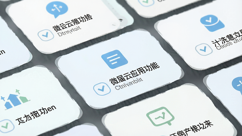 一张展示微届云应用功能卡片布局的特写图,画面中多个圆角卡片整齐排列,每个卡片内包含图标与文字说明,整体配色清新浅色,风格简约商务,布局规整,细节清晰,画质干净,无多余元素