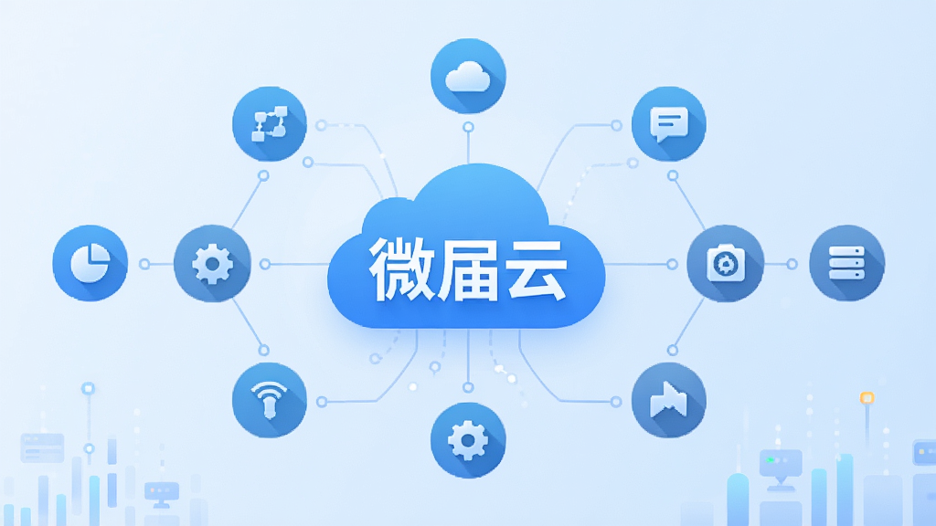 一幅展示云端数据聚合概念的插画,画面中央为“微届云”文字标识,周围环绕多个功能图标与数据节点,背景为淡蓝色渐变,风格扁平化科技感,布局对称清晰,细节精致,画质干净,无多余元素