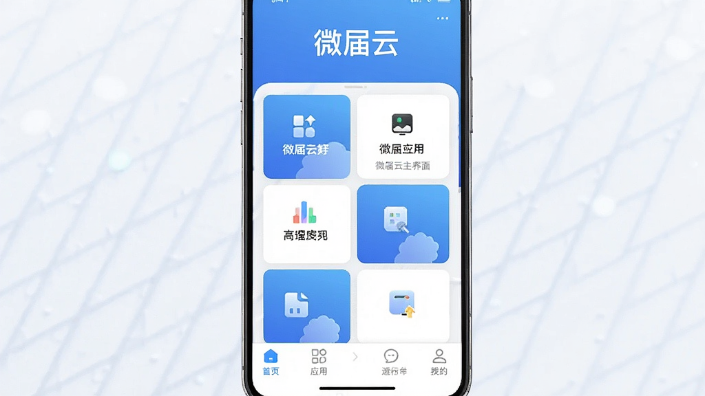 一张展示微届云应用主界面的手机屏幕截图,画面中央为微届云APP的首页布局,顶部显示“微届云”文字标识,中部为功能卡片网格排列,底部为导航栏,整体采用蓝白渐变配色,风格简洁现代,细节清晰,画质干净,无多余元素