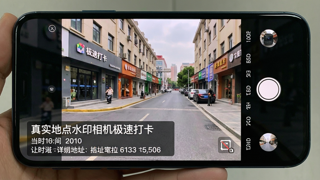 一张写实风格手机拍照界面截图,画面主体是手机屏幕,屏幕中显示一张刚拍好的照片,照片上叠加了半透明水印条,水印内容包含“真实地点水印相机极速打卡”软件名称、当前时间、详细街道地址和经纬度数字,布局上水印位于照片左下角,风格简洁商务,细节清晰,画质高清,干净,无多余元素