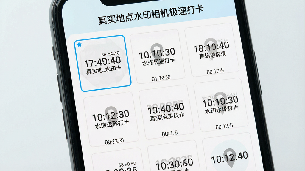 一张手机屏幕展示水印模板选择界面的图片,画面中屏幕上方显示“真实地点水印相机极速打卡”软件名称,下方排列多个水印模板缩略图,每个模板展示不同的时间地点排版样式,布局为网格状,风格清新浅色,细节包括选中高亮边框和模板名称标签,画质高清,干净,无多余元素