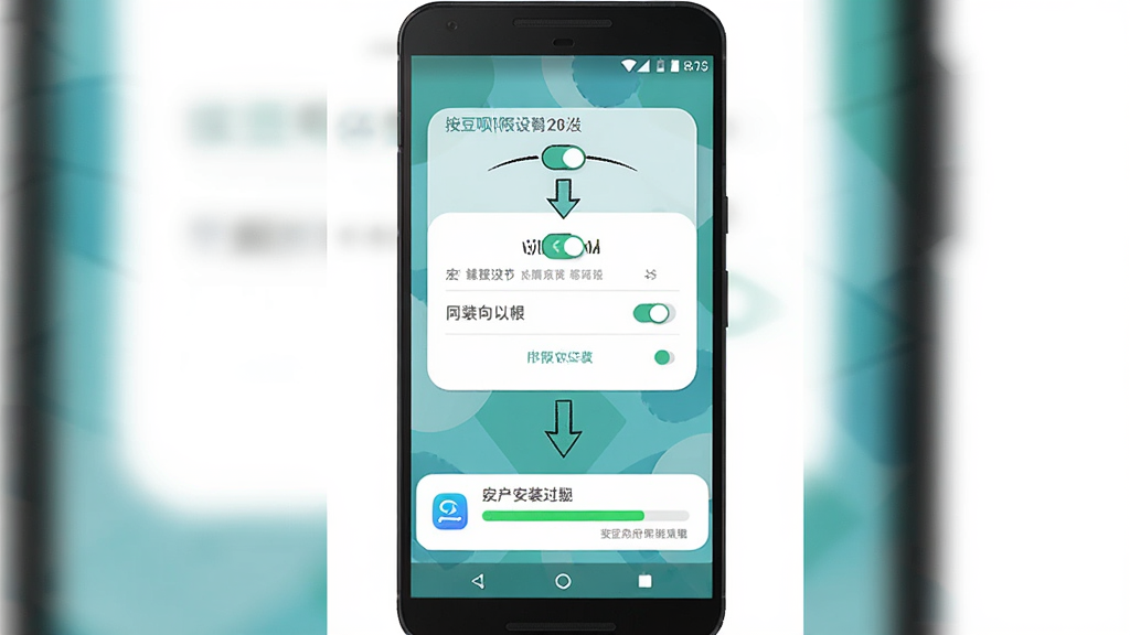 拼豆呗安卓手机安装步骤示意图,主体是一部安卓手机,屏幕上显示安装权限设置页面和应用安装进度条,布局为竖向流程排版,风格为简洁教程插画,细节包含箭头引导和权限开关图标,画质清晰,干净,无多余元素