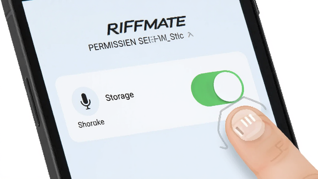 手机屏幕显示 RIFFMATE 权限设置页面,画面中有麦克风与存储权限开关,旁边有手指点击操作的示意,背景为浅色界面,风格为操作指引图,排版清晰,画质干净,无多余元素