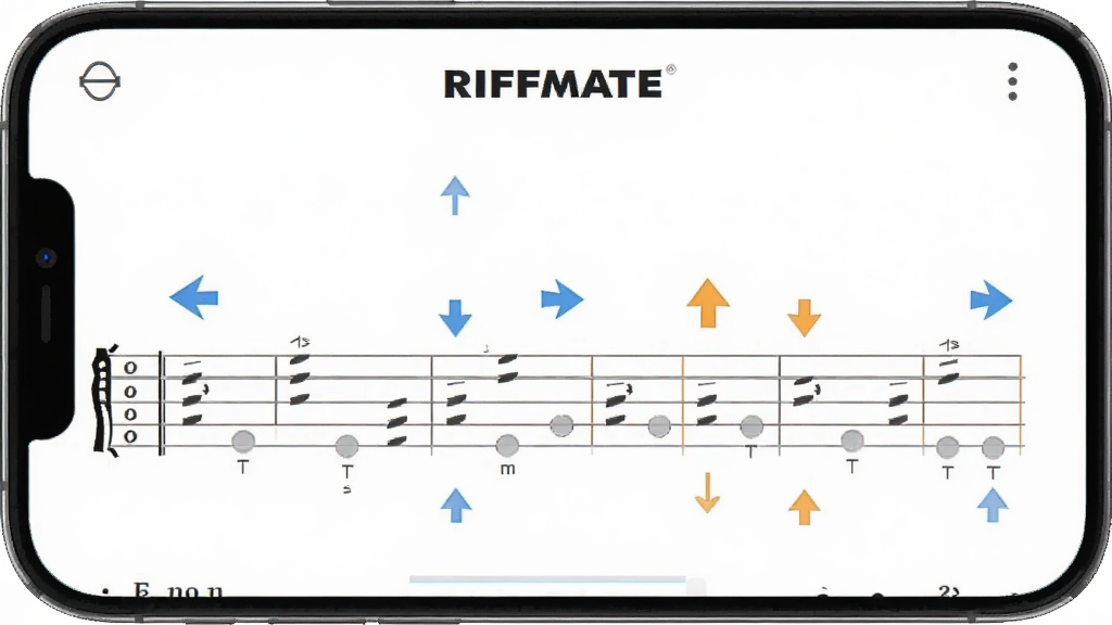 手机屏幕截图风格画面,展示 RIFFMATE 琴谱界面,画面中有清晰的吉他六线谱与上下箭头标注,箭头颜色为蓝色与橙色,背景为白色简洁界面,风格为UI展示图,排版干净,画质锐利