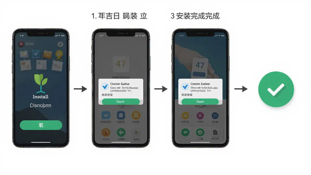 择吉日万年历移动端安装步骤示意图,画面展示手机屏幕从下载到安装完成的四个步骤,布局为横向流程图,风格为简洁扁平化,细节包含安装按钮、权限弹窗与完成图标,画质清晰,干净无多余元素