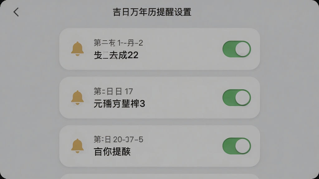 择吉日万年历提醒设置页面,界面中展示多个待办提醒卡片,每张卡片标注日期与事项名称,布局为纵向列表,风格为柔和圆角卡片设计,细节包含铃铛图标与开关按钮,画质清爽,无多余装饰