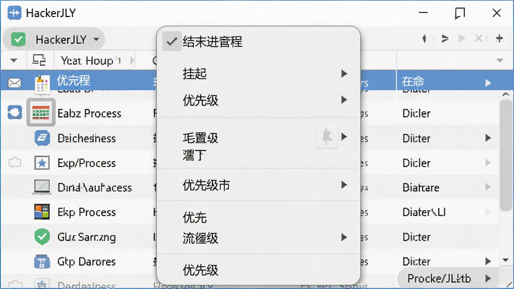 一张软件操作菜单展示图,主体为HackerJLY 进程管理器右键菜单界面,布局为进程列表上方弹出操作选项,排版纵向排列菜单项,风格为扁平化设计,细节包括结束进程、挂起、优先级设置等菜单文字,画质高清,干净,无多余元素