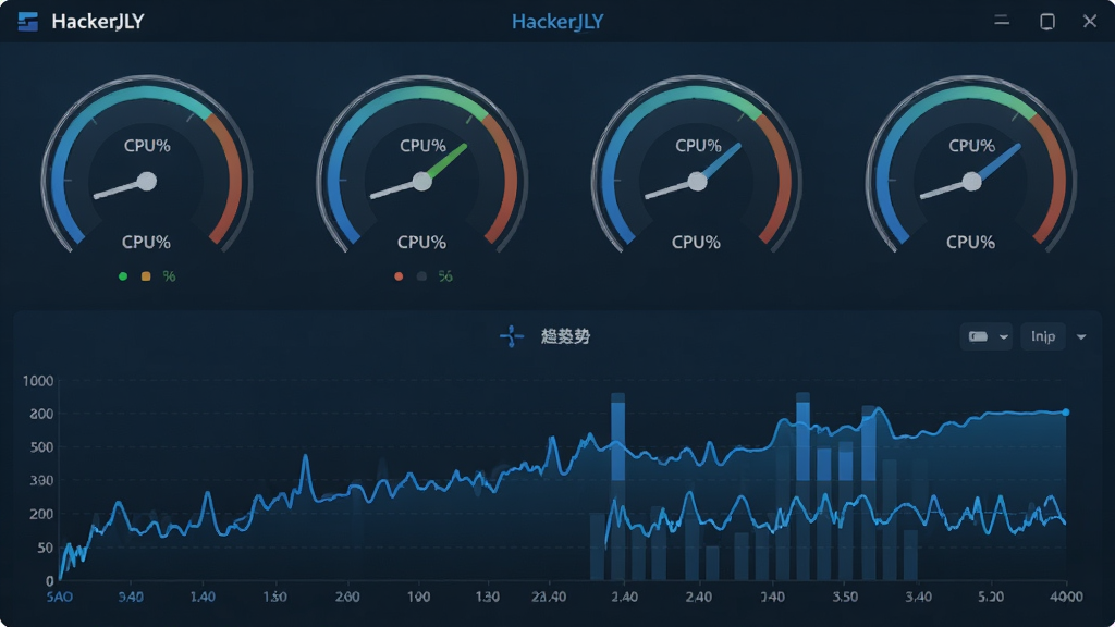 一张系统资源图表界面图,主体为HackerJLY 进程管理器性能监控面板,布局为上方四个仪表盘、下方折线趋势图,排版对称分布,风格为科技蓝调,细节包括CPU百分比、内存柱状图、网络波形,画质高清,干净,无多余元素