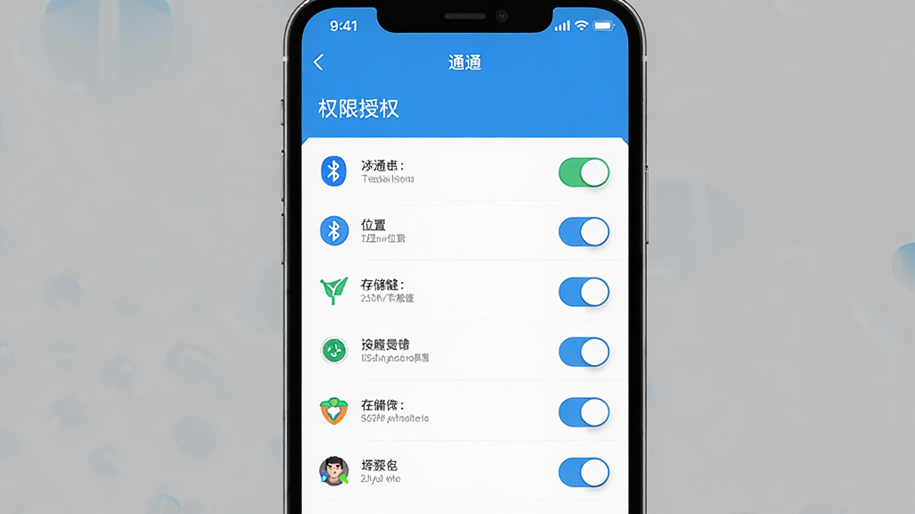 一张展示手机应用安装权限设置界面的图片,主体是手机屏幕显示“通通”权限授权页面,布局为权限列表加开关按钮,排版清晰,风格为扁平化设计,细节包括蓝牙、位置、存储等图标,画质高清干净,无多余元素