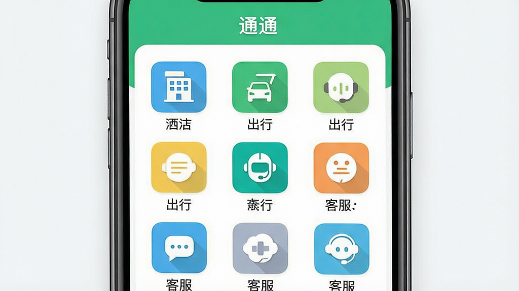 一张展示手机应用首页功能入口的图片,主体是手机屏幕显示“通通”生活服务页面,布局为网格状图标排列,排版整齐,风格为清新浅色扁平化设计,细节包括酒店、出行、客服等图标,画质高清干净,无多余元素