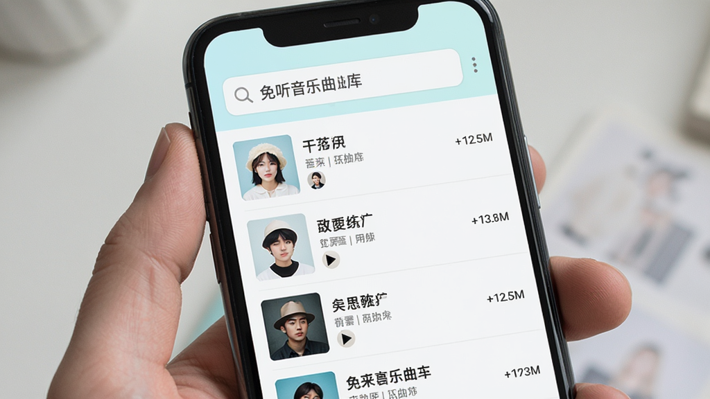 免听音乐曲库搜索界面,主体为手机屏幕显示搜索框和搜索结果列表,布局为顶部搜索栏加下方歌曲列表,排版紧凑,风格清新浅色,细节包含歌曲名称、歌手头像、播放时长,画质清晰,干净,无多余元素