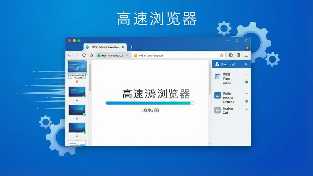 一张展示高速浏览器软件界面的全景图,画面中央是浏览器主窗口,顶部地址栏和标签页清晰可见,页面加载进度条显示满格,背景是简洁的科技蓝渐变色调,窗口周围环绕着速度线条和齿轮元素象征快速与稳定,整体风格现代简约,细节包括多标签页缩略图和下载管理面板,画质清晰,画面干净,无多余元素,图片中文字为“高速浏览器”