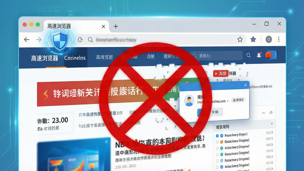 一张展示高速浏览器广告拦截功能的场景图,画面中浏览器窗口正在加载一个新闻页面,页面上的广告横幅和弹窗被红色的禁止符号覆盖并逐渐消失,浏览器工具栏上的盾牌图标亮起,背景是整洁的网页内容,整体风格写实且带有轻微科技感,色彩明亮,细节包括拦截计数器和规则列表,画质清晰,画面干净,图中文字为“高速浏览器”