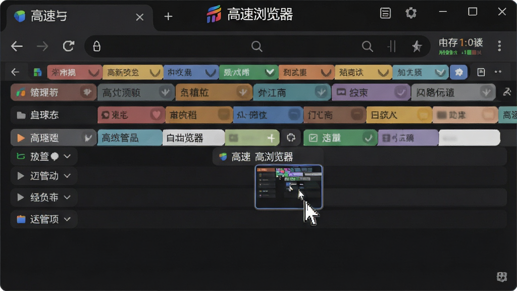 一张展示高速浏览器多标签页管理界面的俯视图,画面中浏览器顶部排列着数十个彩色标签页,部分标签页被分组折叠,鼠标指针正悬停在一个标签页上显示预览缩略图,背景是深色主题的浏览器窗口,整体风格简洁商务,细节包括标签页搜索框和内存占用指示器,画质清晰,画面干净,图中文字为“高速浏览器”