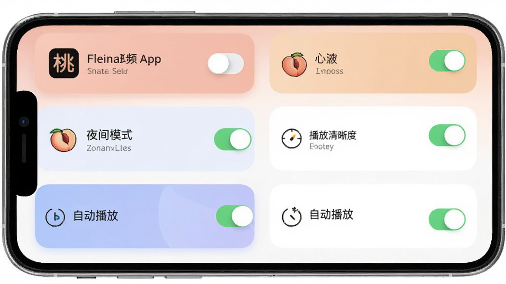 桃子视频APP的设置界面截图,手机屏幕上展示多个个性化选项开关,包括夜间模式、播放清晰度选择、自动播放等,界面布局清晰,采用卡片式设计,色调柔和,突出用户可自定义的特点,画质干净,无杂乱元素