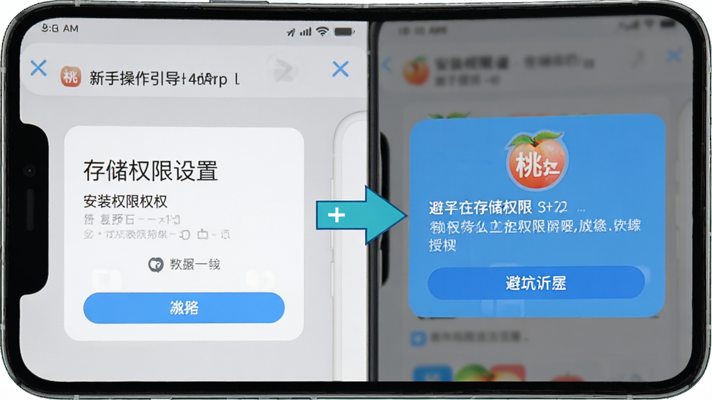 桃子视频APP的新手操作引导界面,手机屏幕展示安装权限设置和存储权限授权弹窗,画面中有清晰的步骤指示箭头,整体风格简洁明了,突出避坑要点,画质干净,无多余元素