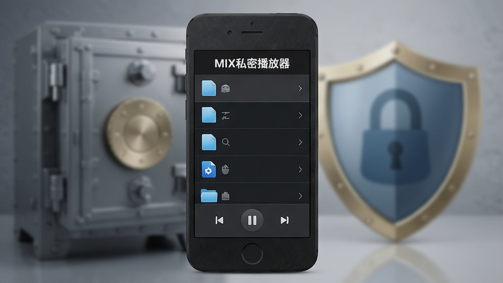 一张展示MIX私密播放器主界面的图片,画面中央是一个深色磨砂质感的手机屏幕,屏幕内显示着简洁的文件列表和播放按钮,背景是模糊的保险箱和盾牌元素,主体为手机界面,布局居中,风格科技感与安全感并存,细节上图标清晰、文字