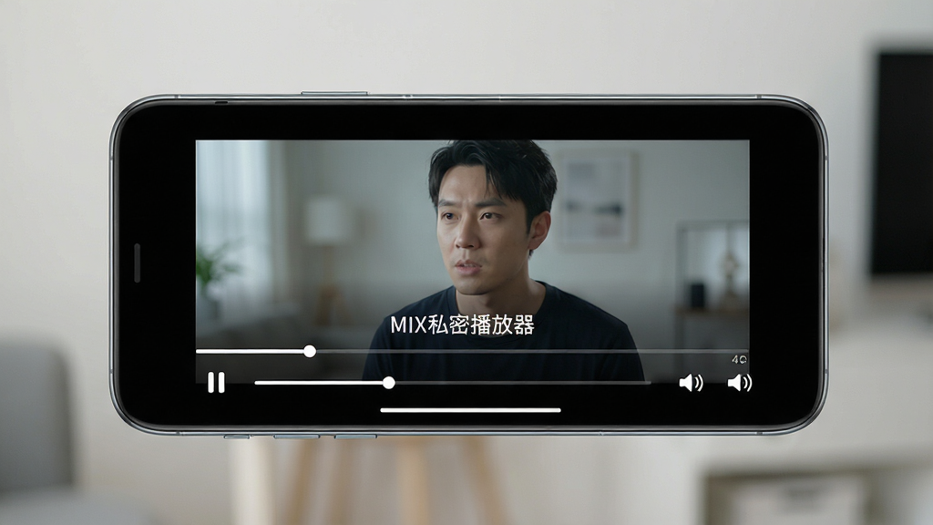一张展示MIX私密播放器播放界面的图片,画面主体是手机横屏播放高清视频,画面清晰,布局为全屏播放器UI,风格简洁现代,细节包括播放进度条和音量控制,文字标注