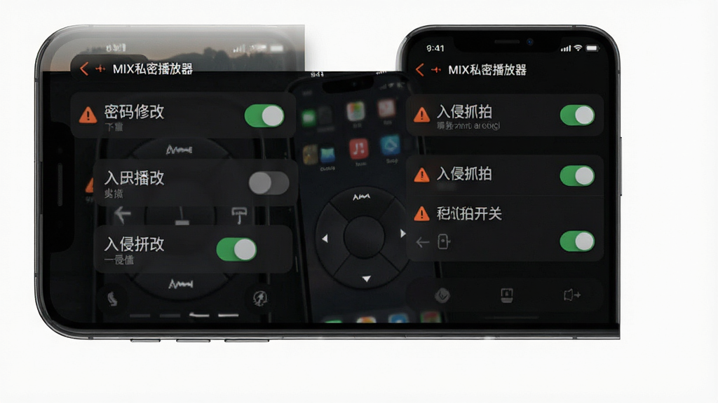 一张展示MIX私密播放器安全设置界面的图片,画面主体是手机屏幕显示密码修改和入侵抓拍开关,布局为列表式,风格暗黑模式,细节包括开关按钮和警告图标,文字标注