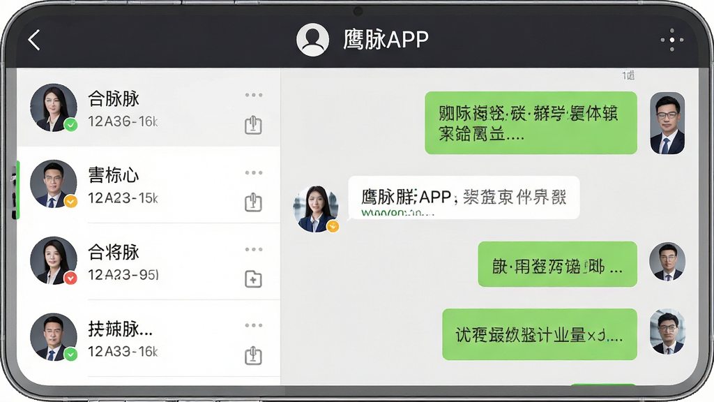 鹰脉APP聊天界面截图,左侧为联系人列表,右侧为群聊对话窗口,气泡样式清晰,顶部显示群名称,画面干净,风格商务简约,布局对称,画质高清,无多余元素