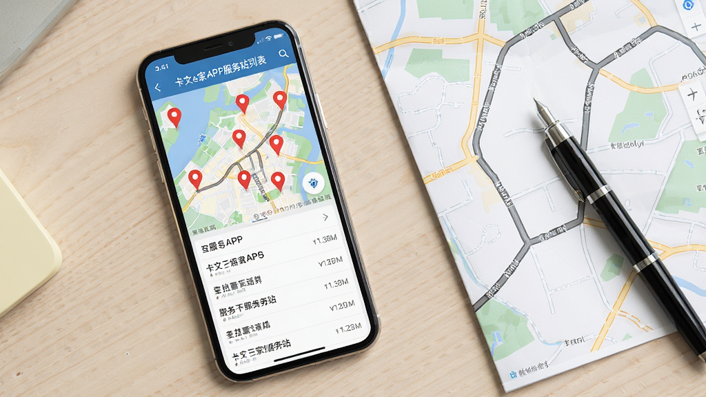 一部手机显示卡文e家APP服务站列表界面,地图上有多个红色定位图标,下方列表显示服务站名称和距离,手机旁边有一张纸质地图和一支笔,背景为浅色桌面,布局为居中俯视,风格为商务简约,细节为地图路线清晰,画质为高清,干净,无多余元素