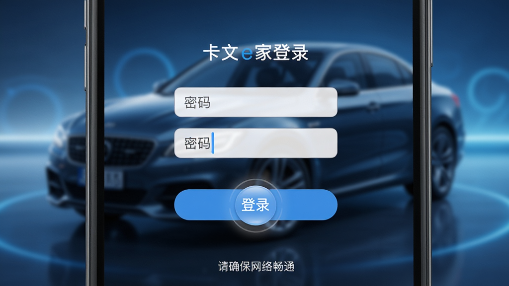 一部手机显示卡文e家APP登录界面,屏幕中央有账号密码输入框和登录按钮,背景为模糊的汽车轮廓和蓝色光晕,手机下方有一行小字提示“请确保网络畅通”,布局为居中特写,风格为简洁科技风,细节为按钮有按压效果,画质为高清,干净,无多余元素