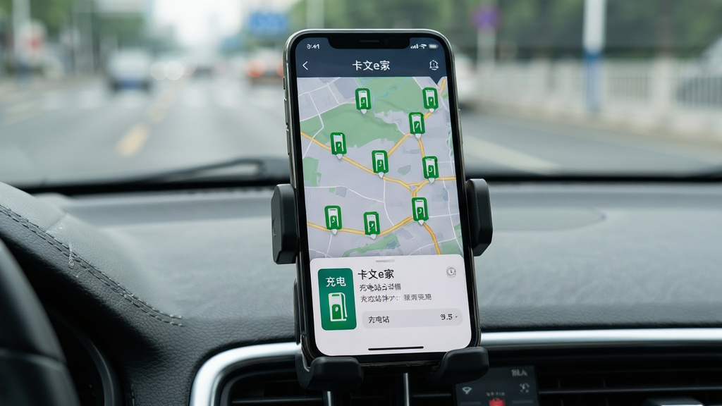 手机屏幕展示卡文e家APP充电地图界面,地图上标注多个绿色充电桩图标,底部弹出充电站详情卡片,手机放置在汽车中控台支架上,背景为车窗外模糊的城市道路,布局为前景特写,风格为驾驶场景风,细节为屏幕反光自然,画质为高清,干净,无多余元素