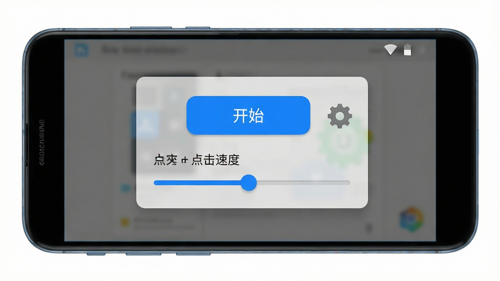 自动连点+器手机软件界面展示,主体为一部安卓手机屏幕,屏幕中央显示自动连点器悬浮控制面板,包含开始按钮与点击速度滑块,布局简洁居中,排版清晰,风格为科技感扁平化UI,细节包括半透明悬浮窗、蓝色高亮按钮、齿轮设置图标,画质高清,干净,无多余元素