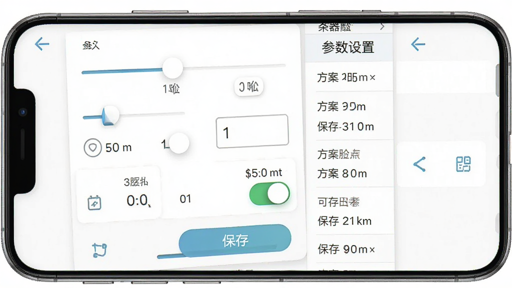 自动连点+器参数设置界面截图,主体为手机屏幕上的设置面板,包含滑块、输入框和开关按钮,布局为纵向列表排列,排版清晰分区,风格为清爽工具类UI,细节包括毫秒单位标签、保存按钮、方案列表,画质高清,干净,无多余元素