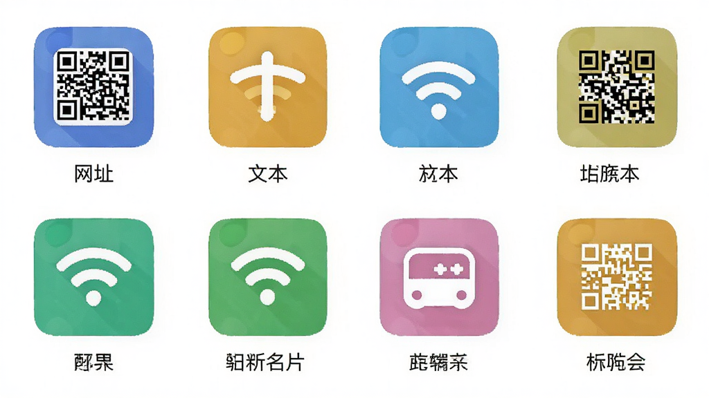 二维码扫速查软件界面展示多种二维码类型识别结果,屏幕中同时出现网址、文本、WiFi、名片等不同颜色的图标和标签,背景为白色,主体为手机界面与彩色图标,布局为网格排列,风格清新明快,细节包括各类二维码图案和文字说明,画质高清,干净无多余元素