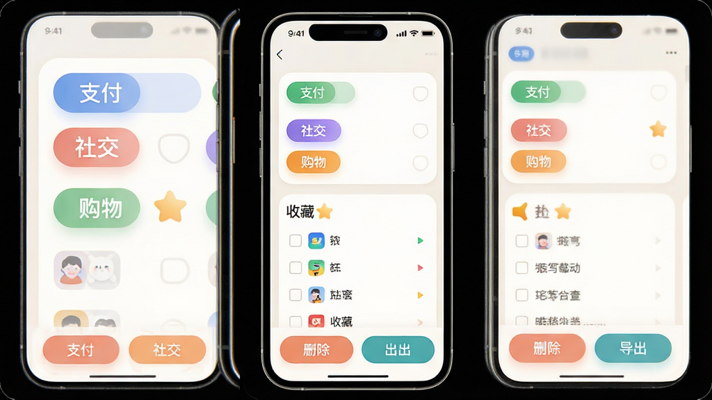 二维码扫速查软件界面展示记录分类管理页面,屏幕中有多个彩色标签如“支付”“社交”“购物”和收藏星标,列表项带有复选框,底部有删除和导出按钮,背景为浅色,主体为手机界面与分类标签,布局为卡片式排列,风格柔和圆角,细节包括标签色彩和按钮图标,画质高清,干净无多余元素