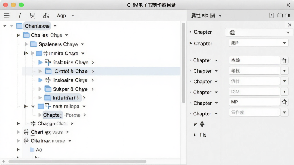 CHM电子书制作器目录编辑界面,主体为树状目录结构,布局为左侧目录树与右侧属性面板,排版层次分明,风格为浅色办公风,细节包含章节节点、层级缩进与拖拽排序图标,画质高清干净无多余元素