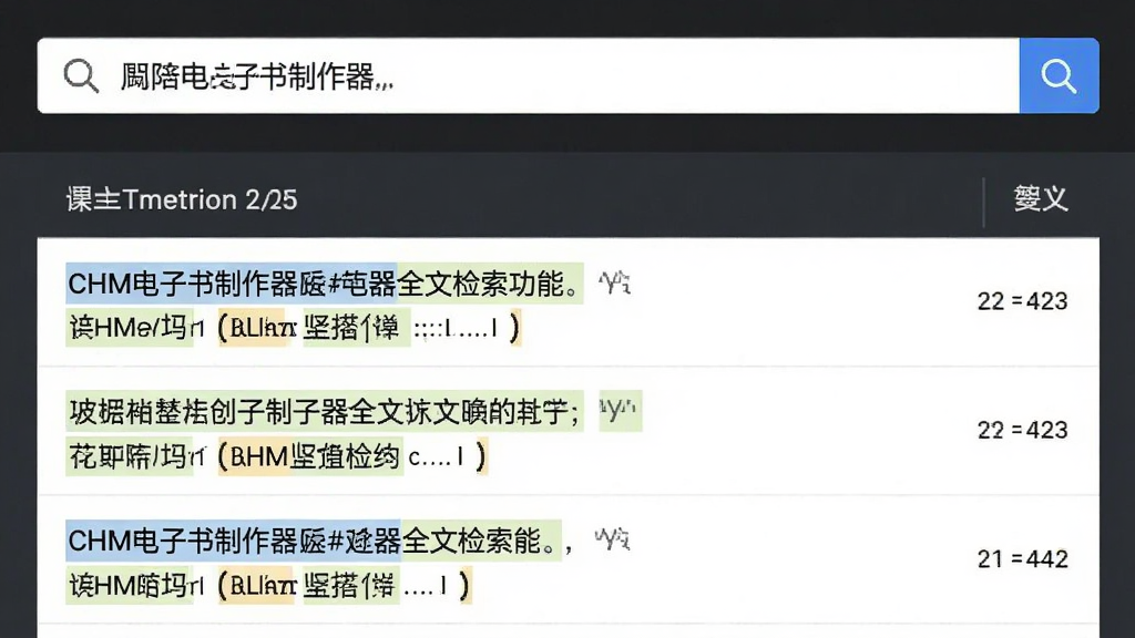 CHM电子书制作器全文检索功能示意,主体为搜索框与结果列表,布局为顶部搜索栏与下方内容高亮展示,排版简洁,风格为现代信息界面,细节包含关键词高亮、结果条目与页码提示,画质高清干净无多余元素