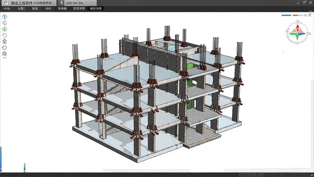 鹏业土建软件中展示BIM模型导入后的建筑全貌,主体为带有楼层与构件的三维建筑模型,布局为居中旋转视角,排版清晰,风格为简洁工程可视化风,细节有钢筋节点与土建结构并存,画质清晰,干净,无多余元素