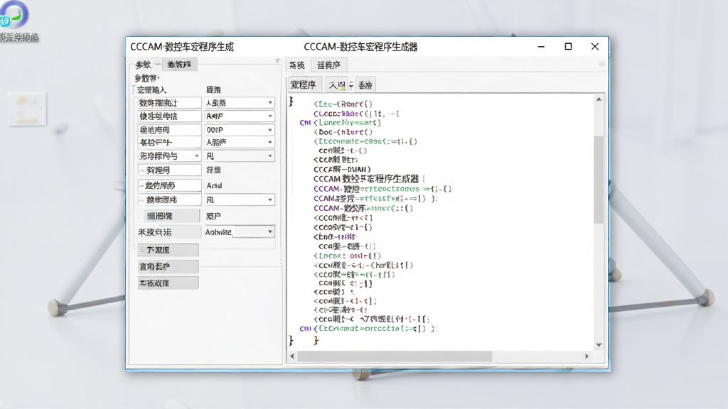 软件主界面截图,画面中央显示“CCCAM-数控车宏程序生成器”软件窗口,左侧为参数输入区,右侧为宏程序代码预览区,背景为干净的浅灰色桌面,风格简洁专业,画质清晰,无多余元素