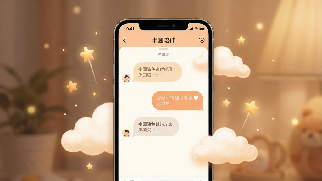 一张温暖治愈风格的手机应用界面展示图,画面中央是一部现代智能手机,屏幕显示“半圆陪伴”APP的聊天界面,界面采用柔和的暖色调,有半圆形对话气泡和暖色灯光背景,手机周围环绕着柔和的云朵和星星装饰,整体布局简洁居中,风格温馨治愈,细节上体现陪伴与倾听的氛围,画质高清,干净无多余元素