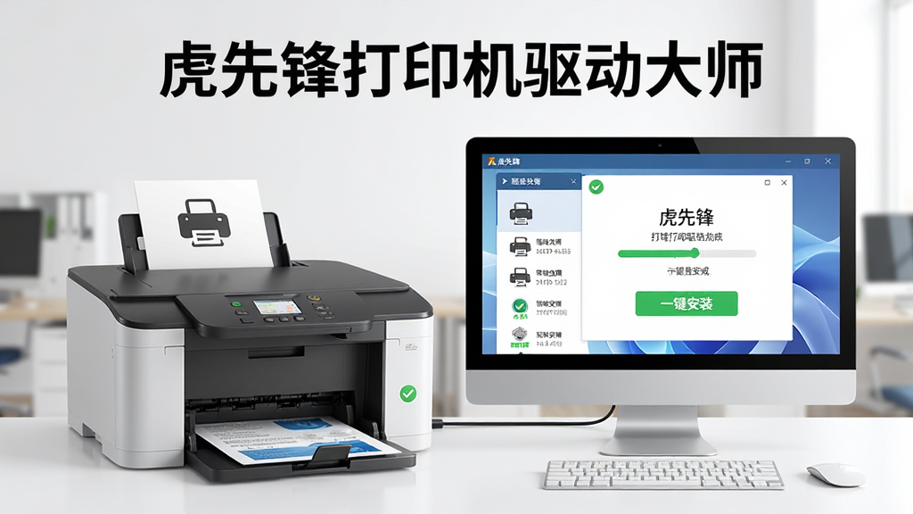 虎先锋打印机驱动大师软件界面主视觉,主体为一台现代打印机与电脑屏幕相连,屏幕上显示驱动安装进度完成界面,布局采用居中构图,上方为软件名称“虎先锋打印机驱动大师”文字,中部为驱动列表与一键安装按钮,排版简洁清晰,风格为科技办公写实风,细节包含打印机图标、驱动版本号、绿色对勾完成标识,画质高清,画面干净,无多余元素