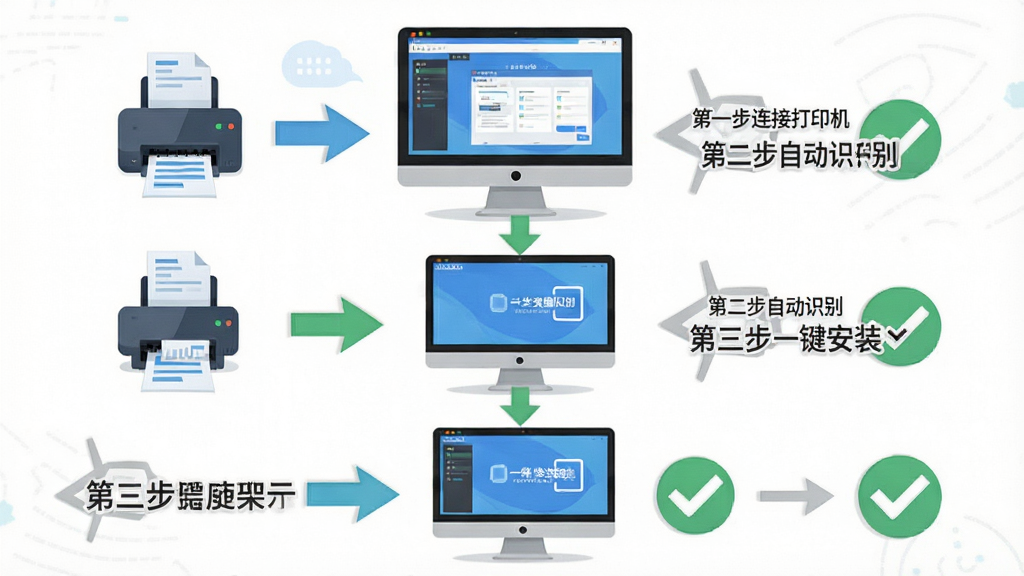 虎先锋打印机驱动大师新手操作流程图,主体为电脑屏幕展示软件操作步骤分解,布局为从上到下三步走流程图,排版清晰标注“第一步连接打印机”“第二步自动识别”“第三步一键安装”,风格为扁平化教程插画风,细节包含打印机图标、电脑图标、箭头引导、绿色完成标识,画质高清,画面干净,无多余元素
