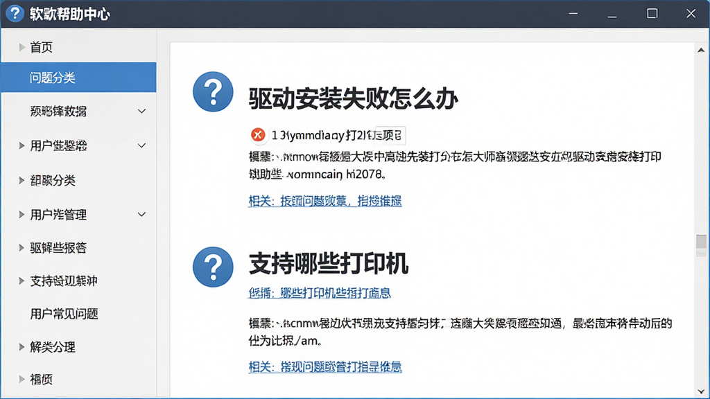 虎先锋打印机驱动大师用户常见问题解答示意图,主体为软件帮助中心界面,布局为左侧问题分类导航、右侧问答详情展示,排版突出“驱动安装失败怎么办”与“支持哪些打印机”两个问题标题,风格为帮助文档写实风,细节包含问号图标、答案文字段落、相关链接,画质高清,画面干净,无多余元素