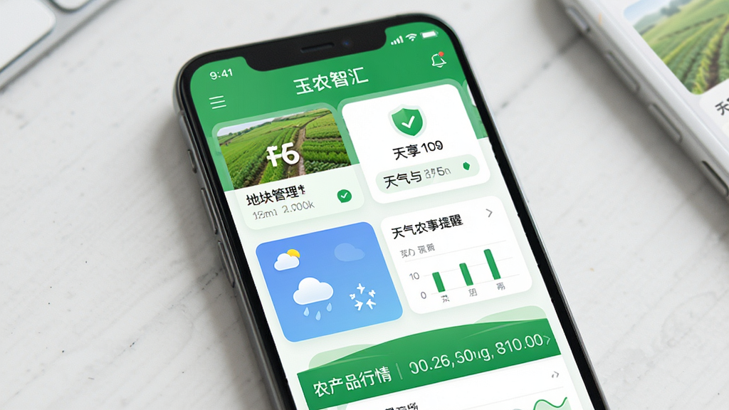 主体为一部智能手机屏幕,屏幕上展示“玉农智汇”APP的首页界面,布局包含地块管理卡片、天气与农事提醒模块、农产品行情滚动条,排版采用上下结构,风格为清新农业科技风,细节包括绿色主色调、简洁图标、数据图表,画质清晰干净,无多余元素