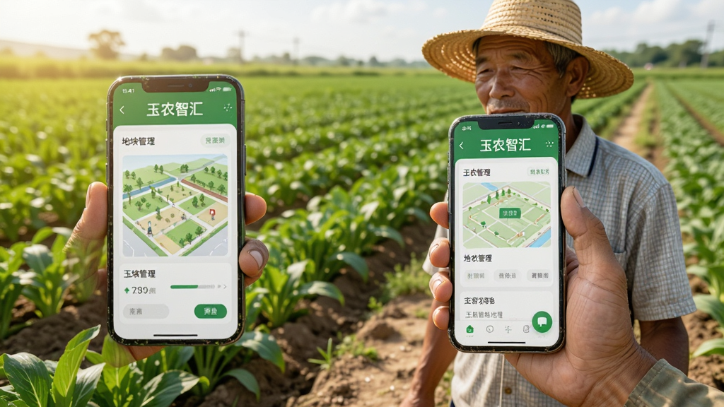 主体为一位农户站在田埂上手持手机,手机屏幕显示“玉农智汇”地块管理界面,布局为前景人物与背景农田融合,排版采用三分法构图,风格为写实农业摄影风,细节包括绿色作物、清晰手机UI、阳光自然光,画质高清干净,无多余元素