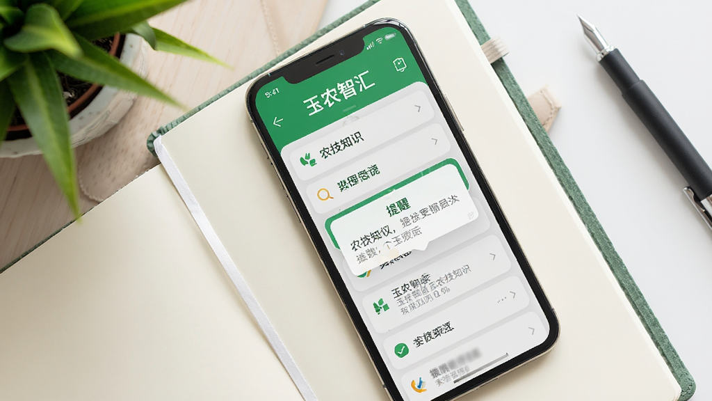 主体为一部手机放置在本子上,屏幕显示“玉农智汇”农技知识列表与提醒弹窗,布局为俯视角度,排版自然随意,风格为清新办公学习风,细节包括绿色植物点缀、清晰的文字排版、柔和光线,画质干净,无多余元素